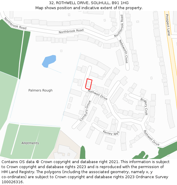 32, ROTHWELL DRIVE, SOLIHULL, B91 1HG: Location map and indicative extent of plot
