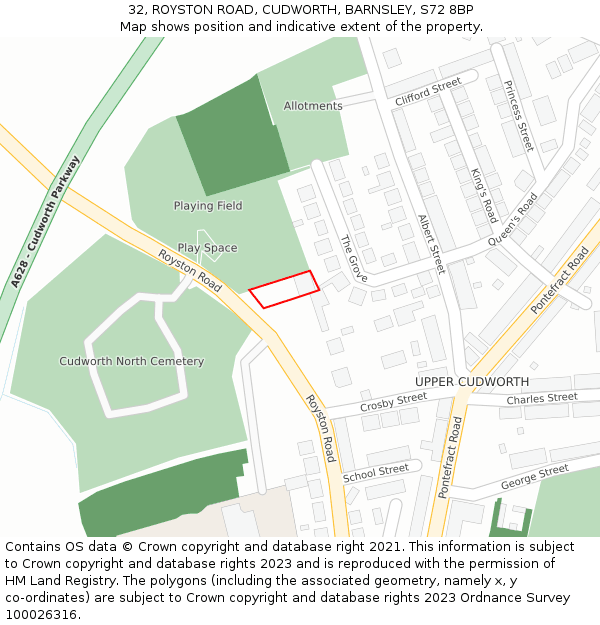 32, ROYSTON ROAD, CUDWORTH, BARNSLEY, S72 8BP: Location map and indicative extent of plot