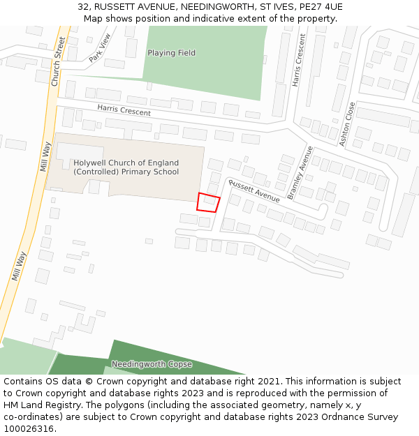 32, RUSSETT AVENUE, NEEDINGWORTH, ST IVES, PE27 4UE: Location map and indicative extent of plot