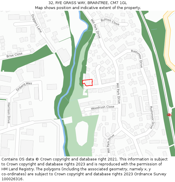 32, RYE GRASS WAY, BRAINTREE, CM7 1GL: Location map and indicative extent of plot