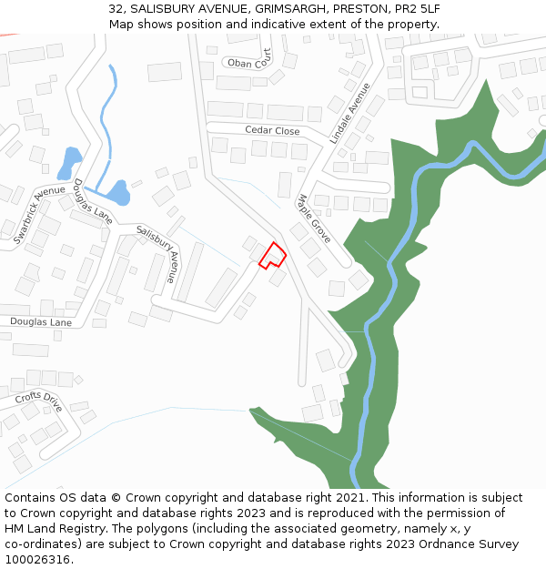 32, SALISBURY AVENUE, GRIMSARGH, PRESTON, PR2 5LF: Location map and indicative extent of plot