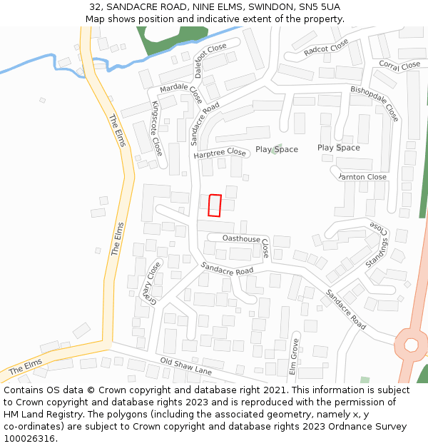 32, SANDACRE ROAD, NINE ELMS, SWINDON, SN5 5UA: Location map and indicative extent of plot
