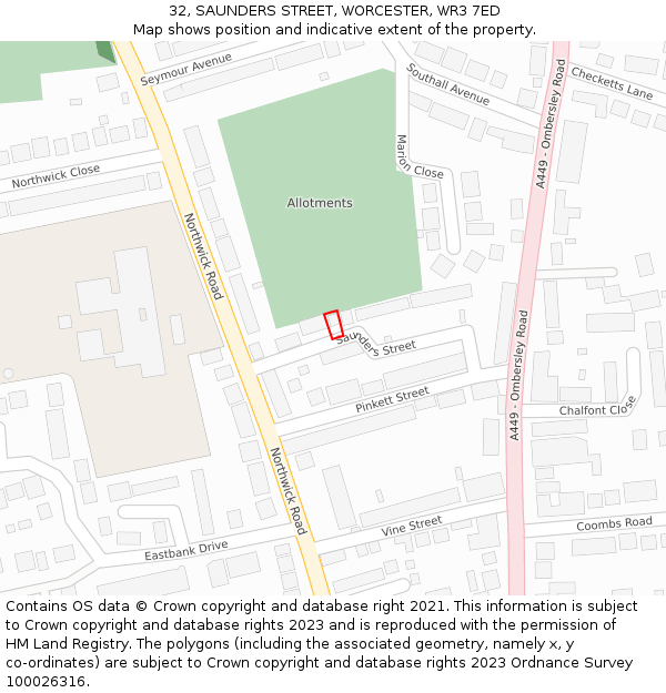 32, SAUNDERS STREET, WORCESTER, WR3 7ED: Location map and indicative extent of plot