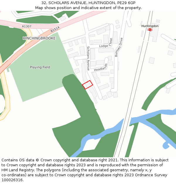 32, SCHOLARS AVENUE, HUNTINGDON, PE29 6GP: Location map and indicative extent of plot