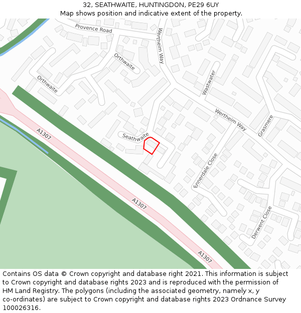 32, SEATHWAITE, HUNTINGDON, PE29 6UY: Location map and indicative extent of plot