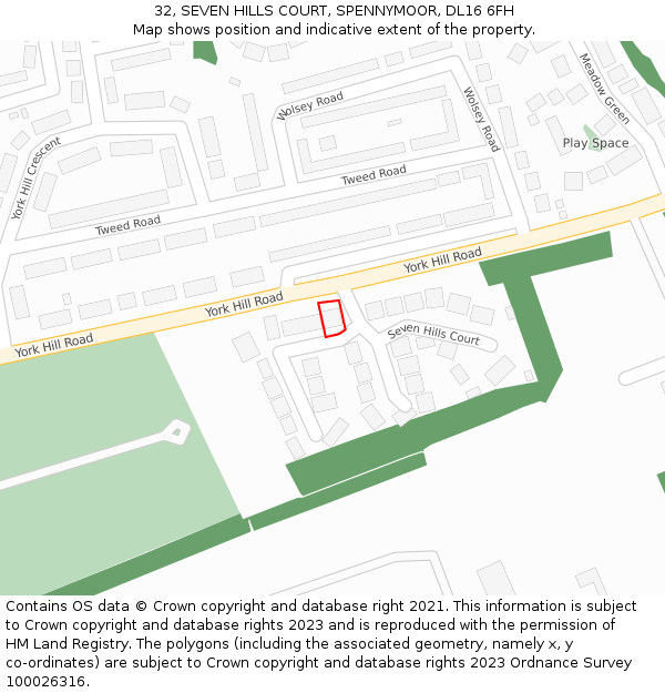 32, SEVEN HILLS COURT, SPENNYMOOR, DL16 6FH: Location map and indicative extent of plot