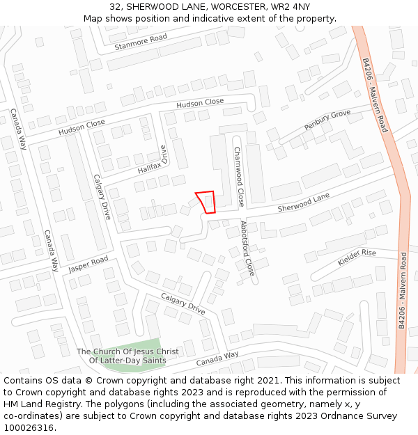 32, SHERWOOD LANE, WORCESTER, WR2 4NY: Location map and indicative extent of plot