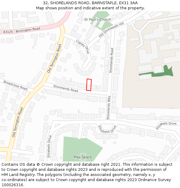 32, SHORELANDS ROAD, BARNSTAPLE, EX31 3AA: Location map and indicative extent of plot