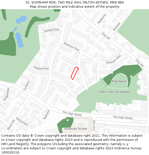 32, SHORHAM RISE, TWO MILE ASH, MILTON KEYNES, MK8 8BS: Location map and indicative extent of plot