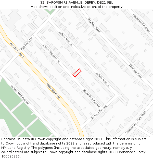 32, SHROPSHIRE AVENUE, DERBY, DE21 6EU: Location map and indicative extent of plot