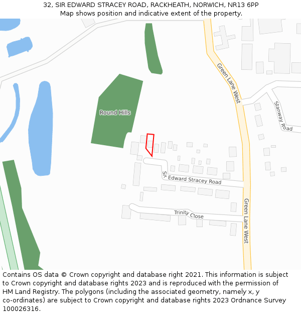 32, SIR EDWARD STRACEY ROAD, RACKHEATH, NORWICH, NR13 6PP: Location map and indicative extent of plot