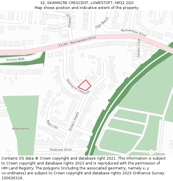 32, SKAMACRE CRESCENT, LOWESTOFT, NR32 2QG: Location map and indicative extent of plot