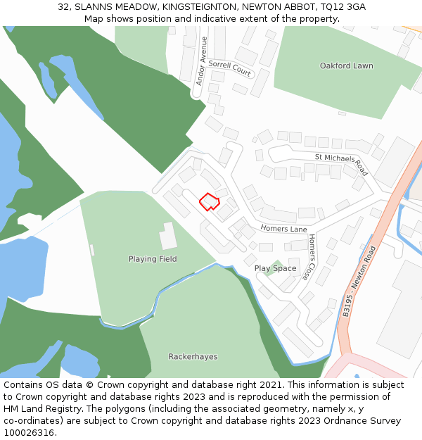 32, SLANNS MEADOW, KINGSTEIGNTON, NEWTON ABBOT, TQ12 3GA: Location map and indicative extent of plot