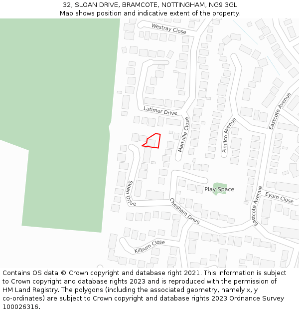32, SLOAN DRIVE, BRAMCOTE, NOTTINGHAM, NG9 3GL: Location map and indicative extent of plot