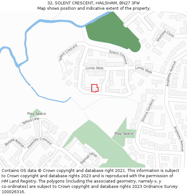 32, SOLENT CRESCENT, HAILSHAM, BN27 3FW: Location map and indicative extent of plot