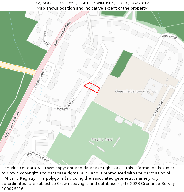 32, SOUTHERN HAYE, HARTLEY WINTNEY, HOOK, RG27 8TZ: Location map and indicative extent of plot