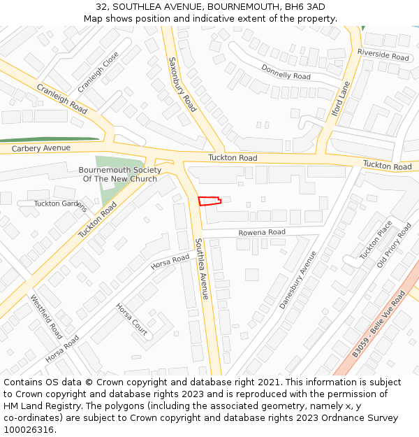 32, SOUTHLEA AVENUE, BOURNEMOUTH, BH6 3AD: Location map and indicative extent of plot
