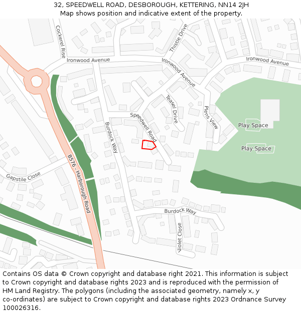 32, SPEEDWELL ROAD, DESBOROUGH, KETTERING, NN14 2JH: Location map and indicative extent of plot