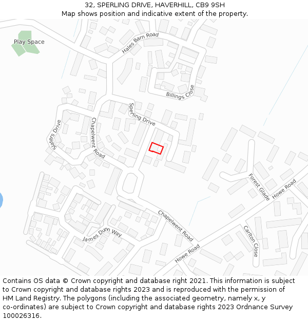 32, SPERLING DRIVE, HAVERHILL, CB9 9SH: Location map and indicative extent of plot
