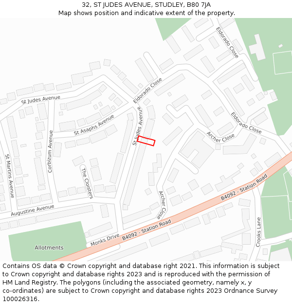 32, ST JUDES AVENUE, STUDLEY, B80 7JA: Location map and indicative extent of plot