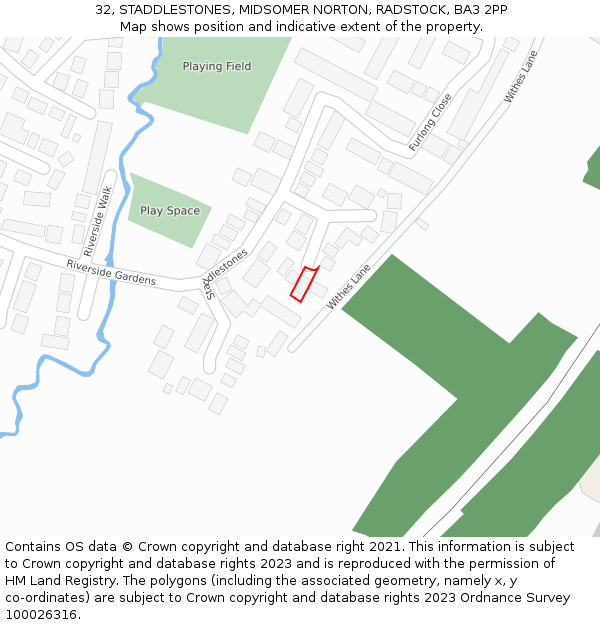 32, STADDLESTONES, MIDSOMER NORTON, RADSTOCK, BA3 2PP: Location map and indicative extent of plot