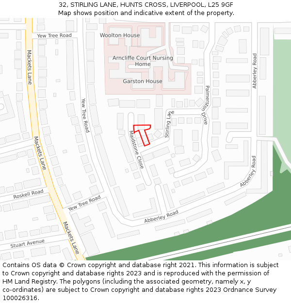 32, STIRLING LANE, HUNTS CROSS, LIVERPOOL, L25 9GF: Location map and indicative extent of plot