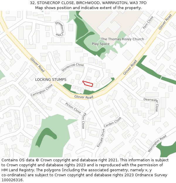 32, STONECROP CLOSE, BIRCHWOOD, WARRINGTON, WA3 7PD: Location map and indicative extent of plot