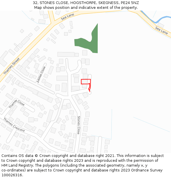 32, STONES CLOSE, HOGSTHORPE, SKEGNESS, PE24 5NZ: Location map and indicative extent of plot