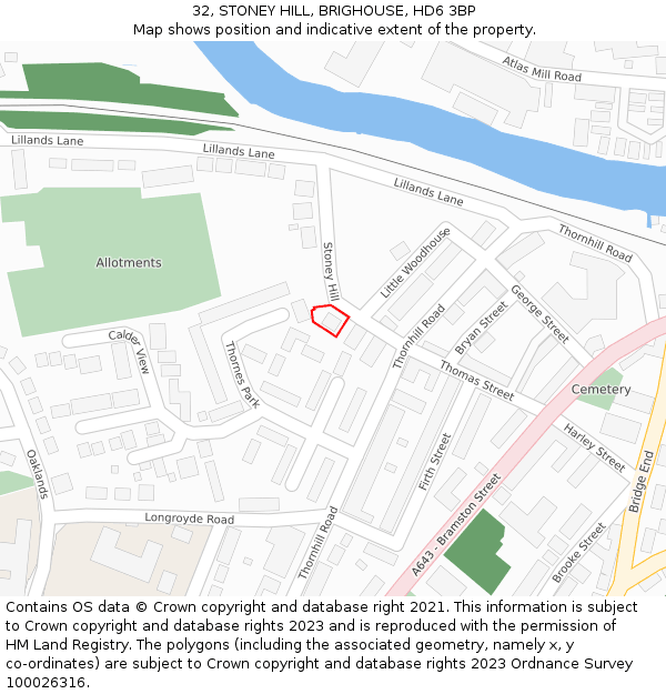 32, STONEY HILL, BRIGHOUSE, HD6 3BP: Location map and indicative extent of plot
