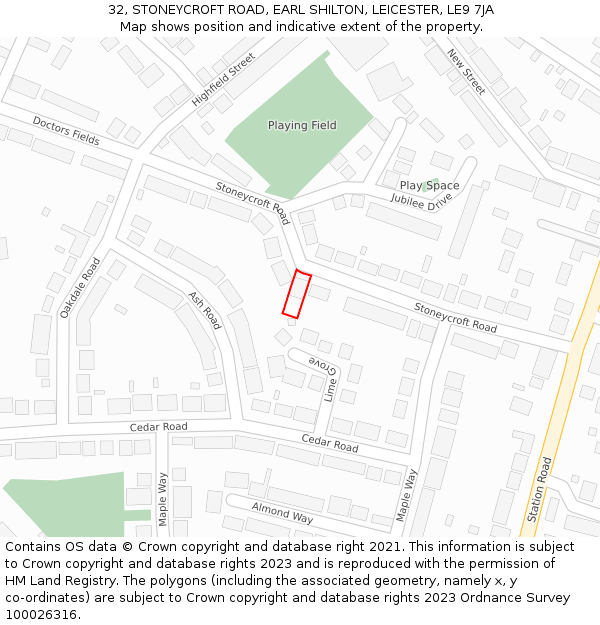 32, STONEYCROFT ROAD, EARL SHILTON, LEICESTER, LE9 7JA: Location map and indicative extent of plot