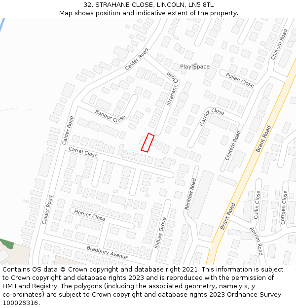 32, STRAHANE CLOSE, LINCOLN, LN5 8TL: Location map and indicative extent of plot
