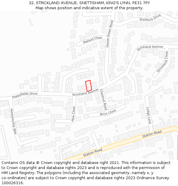 32, STRICKLAND AVENUE, SNETTISHAM, KING'S LYNN, PE31 7PY: Location map and indicative extent of plot