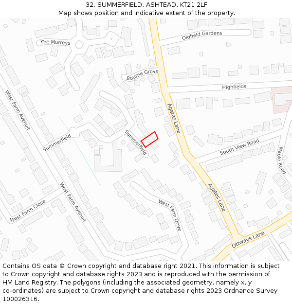32, SUMMERFIELD, ASHTEAD, KT21 2LF: Location map and indicative extent of plot