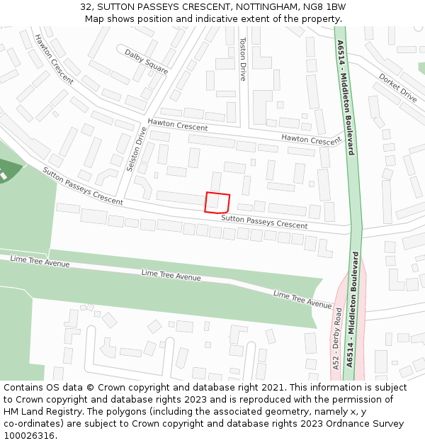 32, SUTTON PASSEYS CRESCENT, NOTTINGHAM, NG8 1BW: Location map and indicative extent of plot