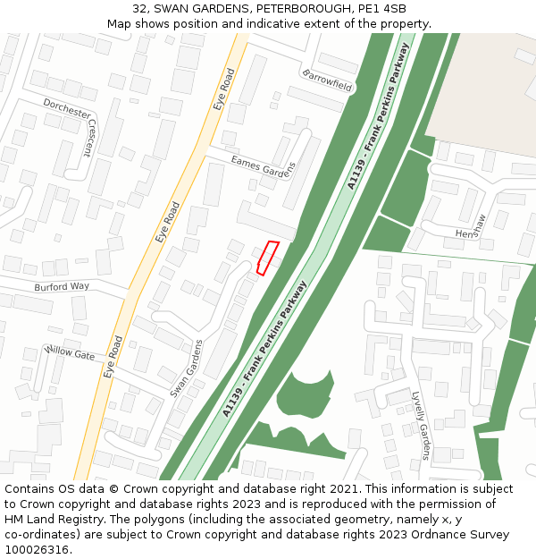 32, SWAN GARDENS, PETERBOROUGH, PE1 4SB: Location map and indicative extent of plot