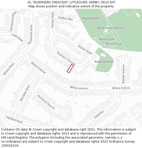 32, TAVERNERS CRESCENT, LITTLEOVER, DERBY, DE23 6XT: Location map and indicative extent of plot