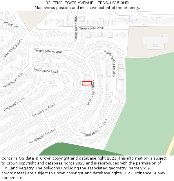 32, TEMPLEGATE AVENUE, LEEDS, LS15 0HD: Location map and indicative extent of plot