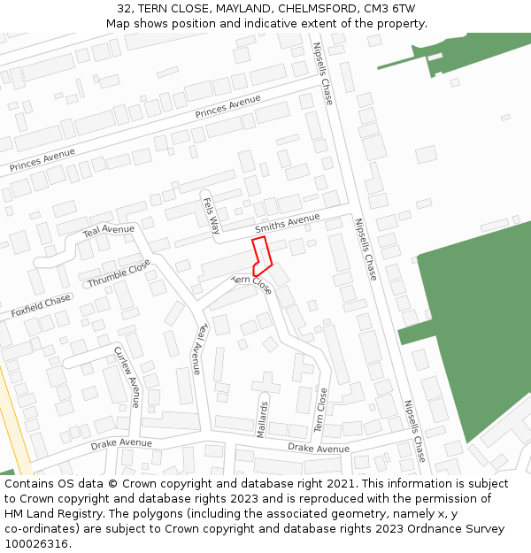 32, TERN CLOSE, MAYLAND, CHELMSFORD, CM3 6TW: Location map and indicative extent of plot