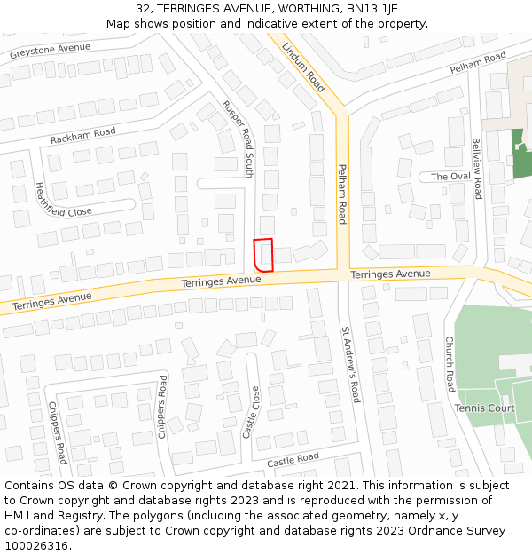 32, TERRINGES AVENUE, WORTHING, BN13 1JE: Location map and indicative extent of plot