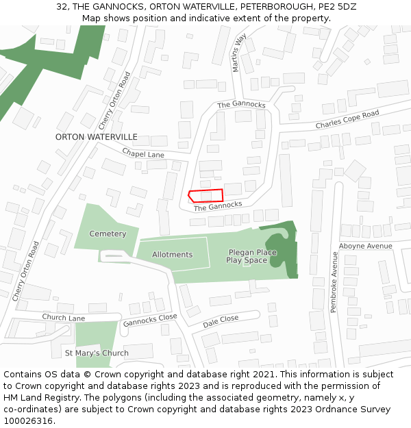32, THE GANNOCKS, ORTON WATERVILLE, PETERBOROUGH, PE2 5DZ: Location map and indicative extent of plot