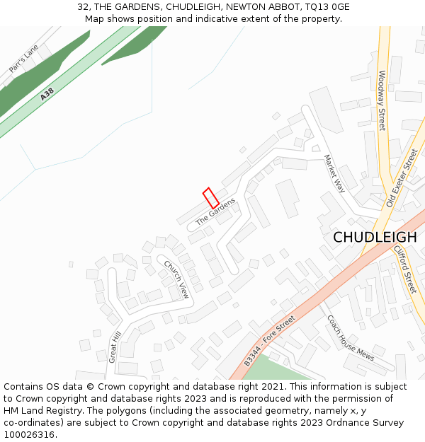 32, THE GARDENS, CHUDLEIGH, NEWTON ABBOT, TQ13 0GE: Location map and indicative extent of plot