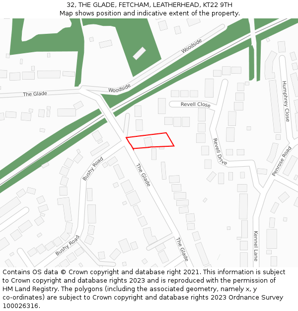 32, THE GLADE, FETCHAM, LEATHERHEAD, KT22 9TH: Location map and indicative extent of plot