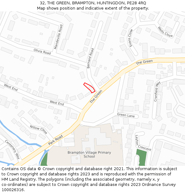 32, THE GREEN, BRAMPTON, HUNTINGDON, PE28 4RQ: Location map and indicative extent of plot