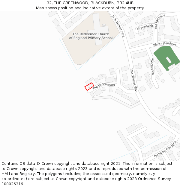 32, THE GREENWOOD, BLACKBURN, BB2 4UR: Location map and indicative extent of plot