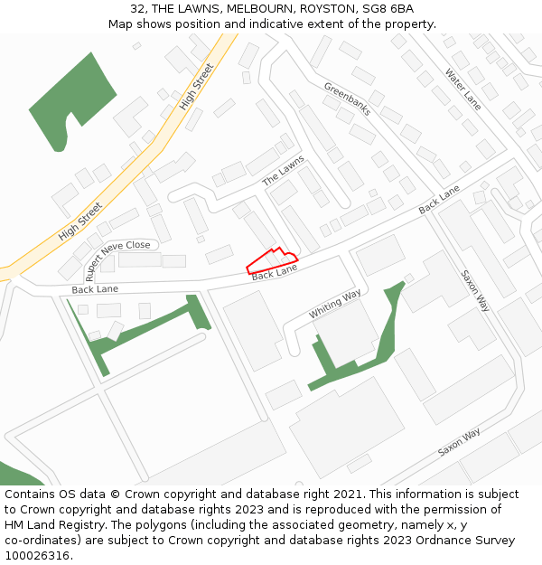 32, THE LAWNS, MELBOURN, ROYSTON, SG8 6BA: Location map and indicative extent of plot