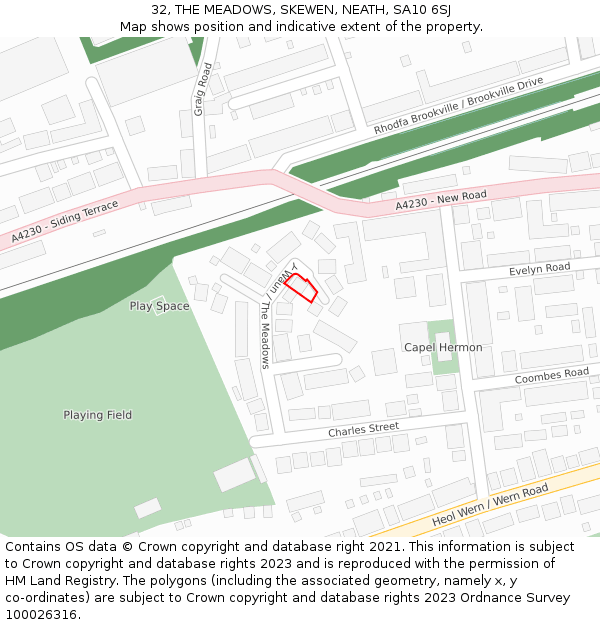 32, THE MEADOWS, SKEWEN, NEATH, SA10 6SJ: Location map and indicative extent of plot