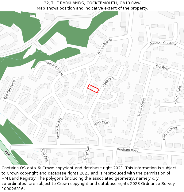 32, THE PARKLANDS, COCKERMOUTH, CA13 0WW: Location map and indicative extent of plot