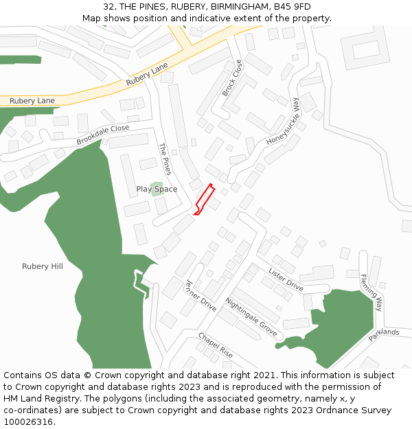 32, THE PINES, RUBERY, BIRMINGHAM, B45 9FD: Location map and indicative extent of plot