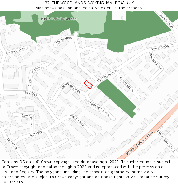 32, THE WOODLANDS, WOKINGHAM, RG41 4UY: Location map and indicative extent of plot