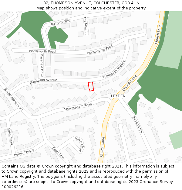 32, THOMPSON AVENUE, COLCHESTER, CO3 4HN: Location map and indicative extent of plot
